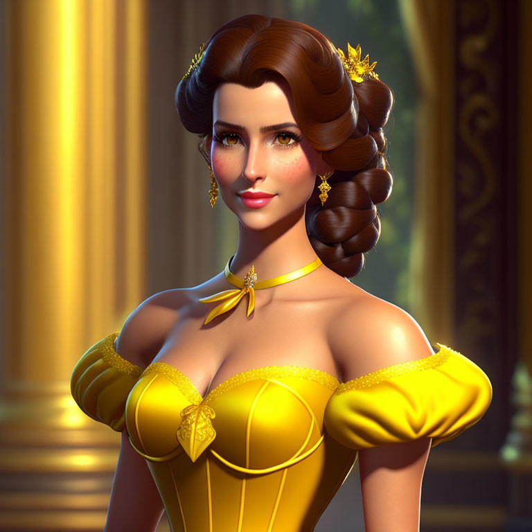 Stylish animated female character with brown hair and golden accessories on yellow dress