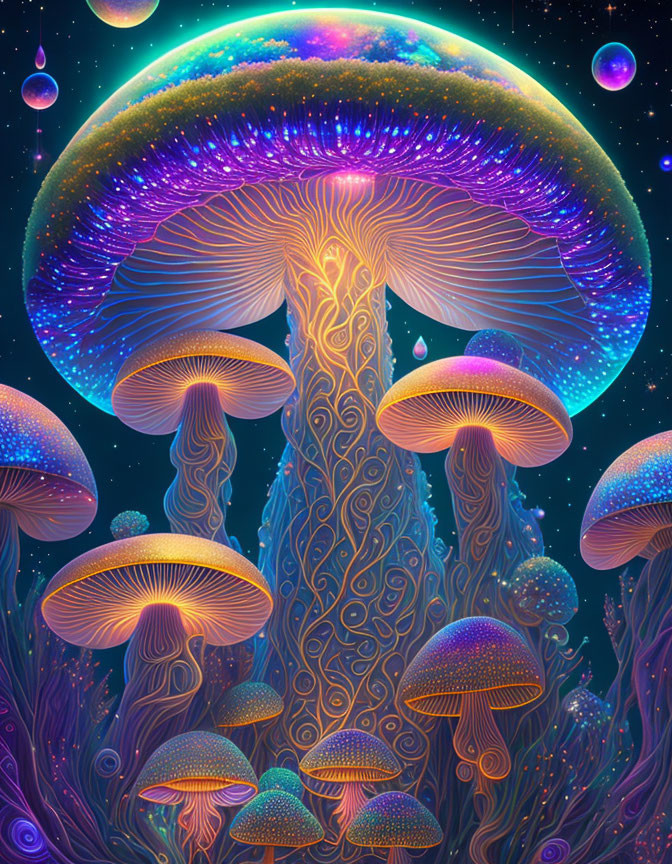 Vibrant digital artwork: Luminescent mushrooms in cosmic setting