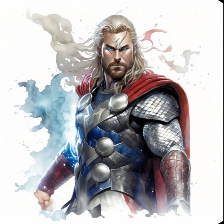 Illustration of Norse god with long blond hair and red cape in detailed armor