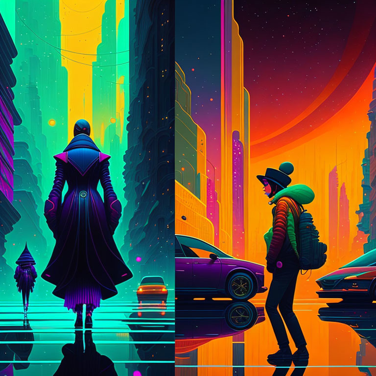 Futuristic neon cityscape with figures and skyscrapers