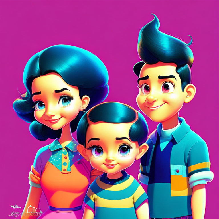 Colorful Animated Children with Large Eyes on Pink Background