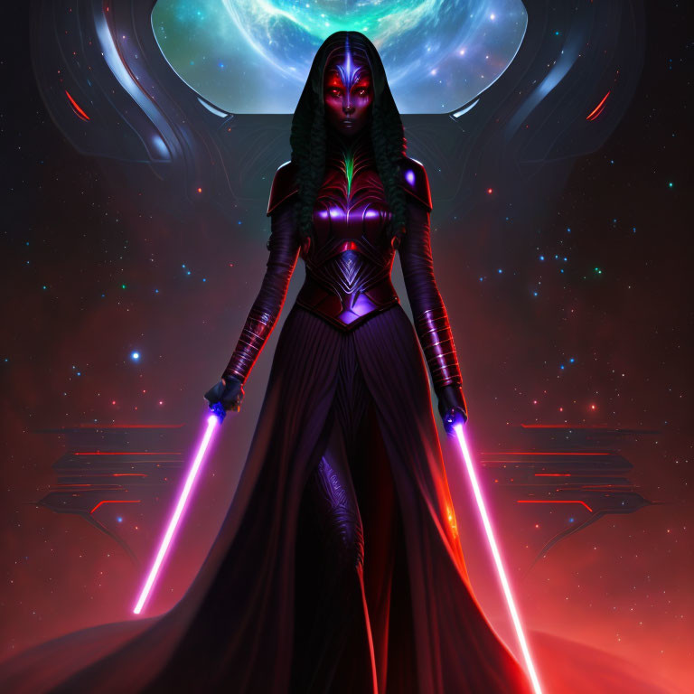 Female alien warrior wields dual lightsabers in cosmic setting