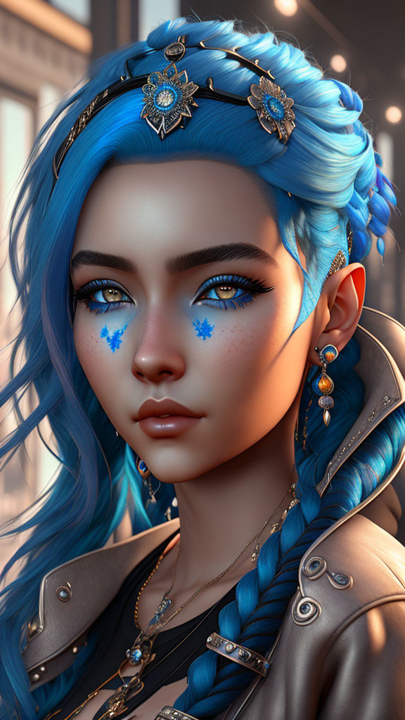 Portrait of woman with blue hair, star tattoos, and jeweled accessories