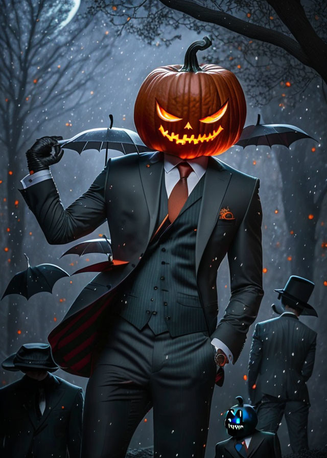 Pumpkin-headed figure in suit surrounded by eerie silhouettes in spooky forest scene