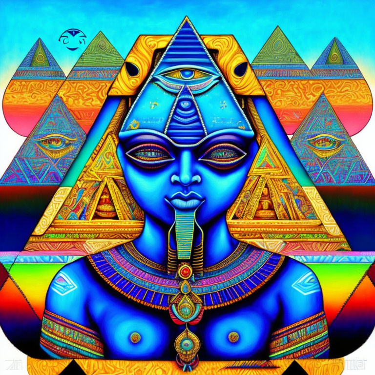 Symmetrical Egyptian-themed digital art with blue figure and pyramids