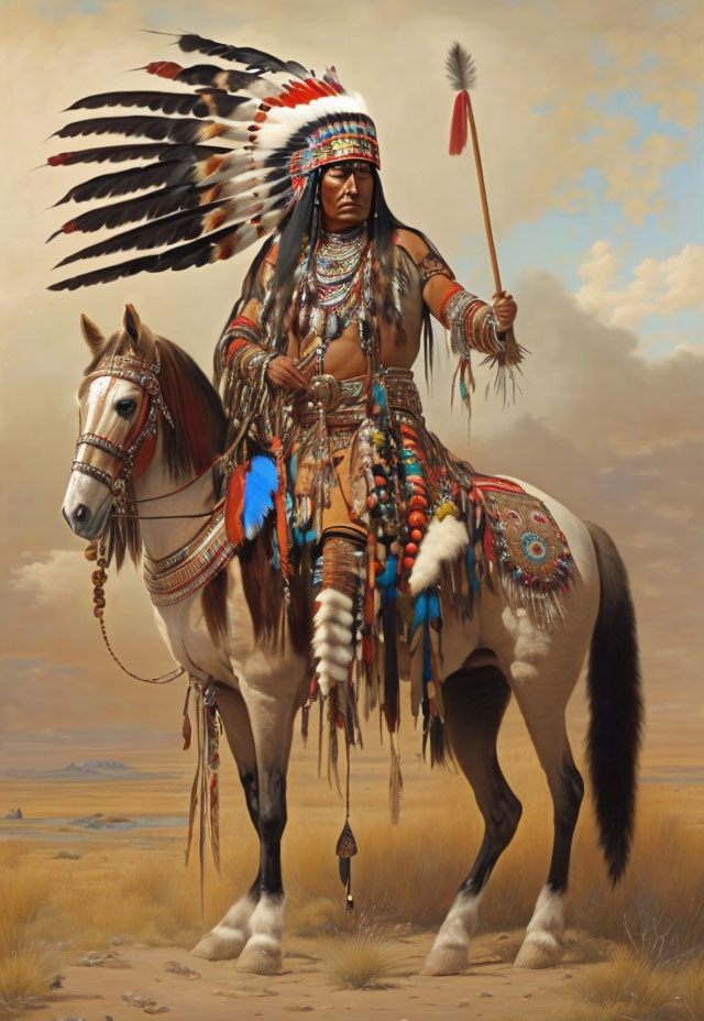 Native American Chief on White Horse with Spear in Traditional Attire