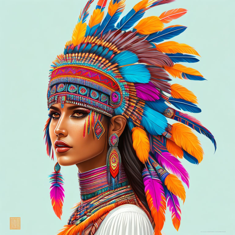 Colorful Woman with Feather Headdress and Beadwork on Blue Background