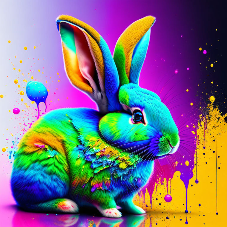 Multicolored neon rabbit on purple background