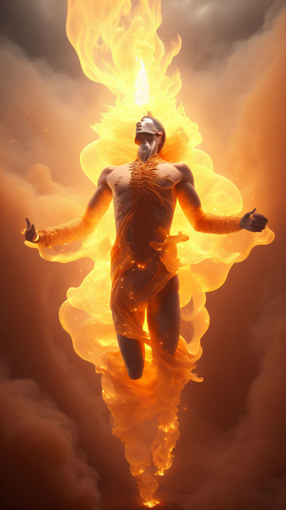 Person engulfed in swirling flames with outstretched arms