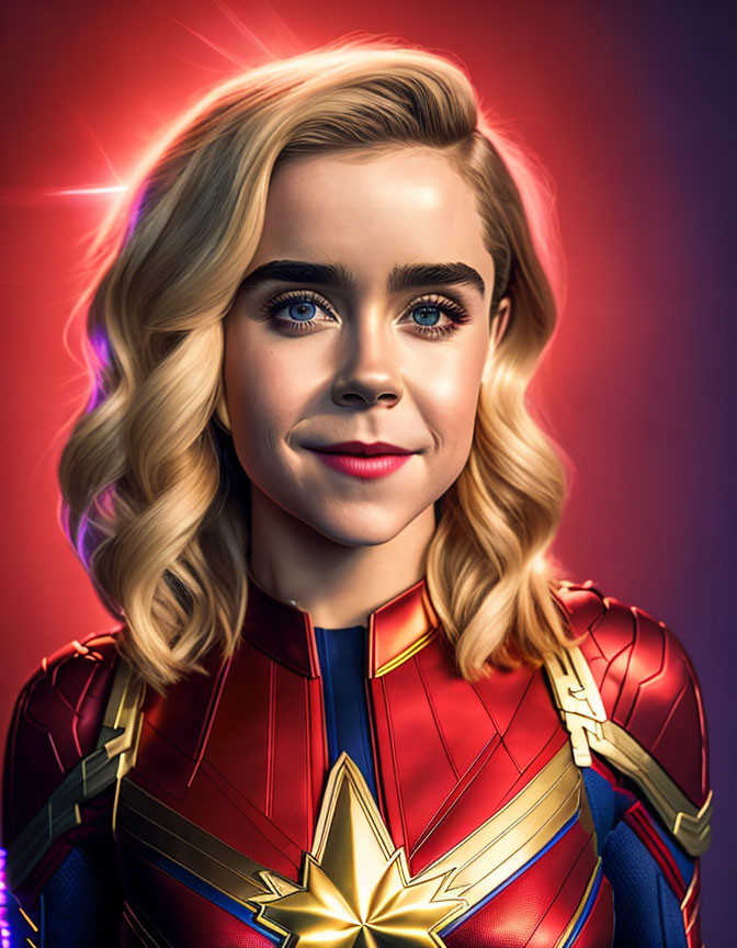 Realistic illustration of blond woman in Captain Marvel costume on vibrant red background