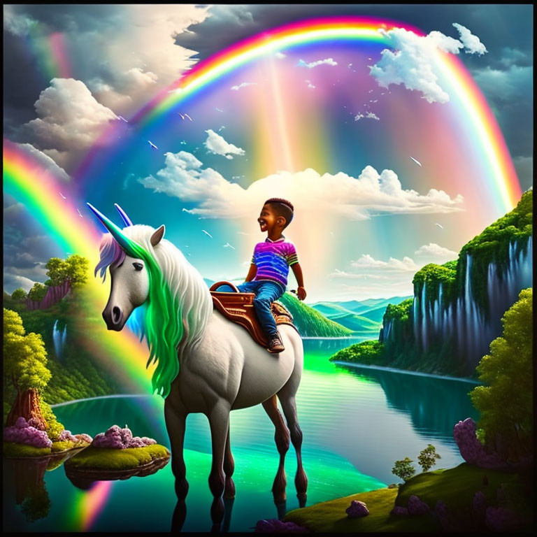 Child riding unicorn in vibrant fantasy landscape with waterfalls, lake, greenery, and rainbow