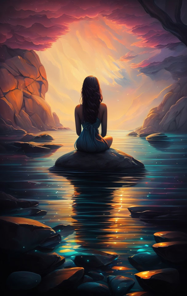 Woman sitting on rock by serene waters at sunset with luminous stones