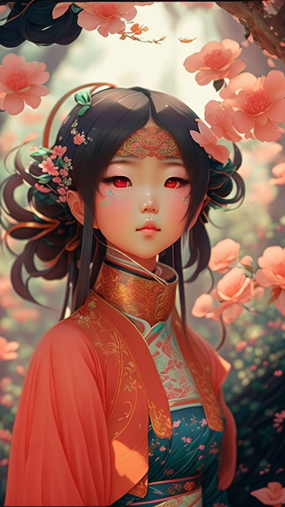 Digital art portrait of girl with large eyes in red and green outfit with pink flowers.