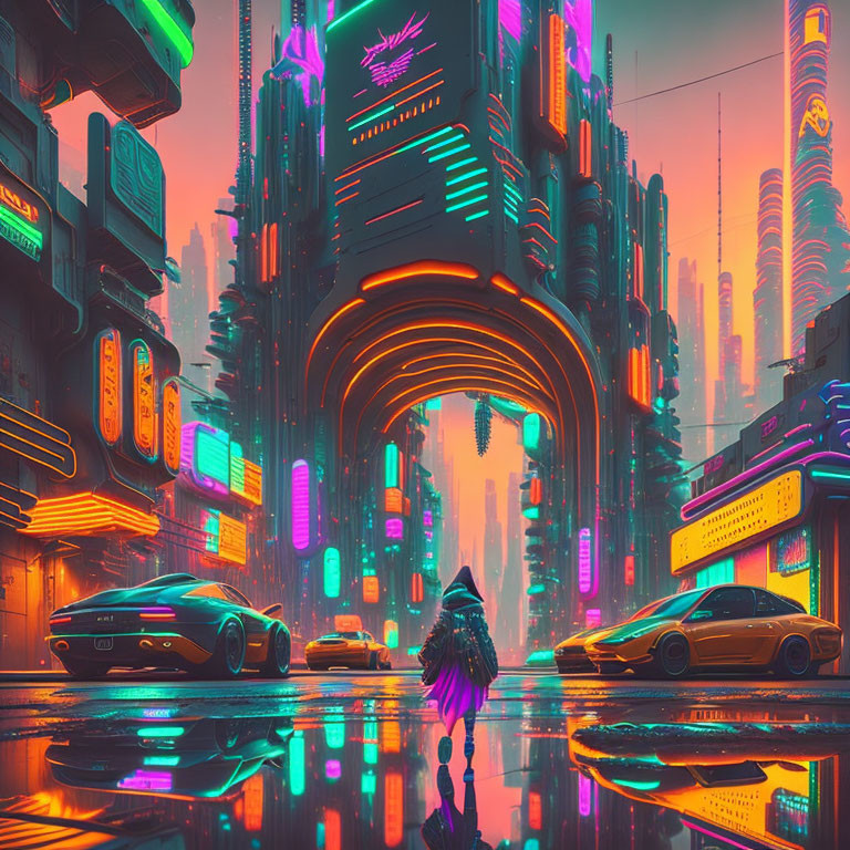 Neon-lit futuristic city street with cloaked figure and skyscrapers