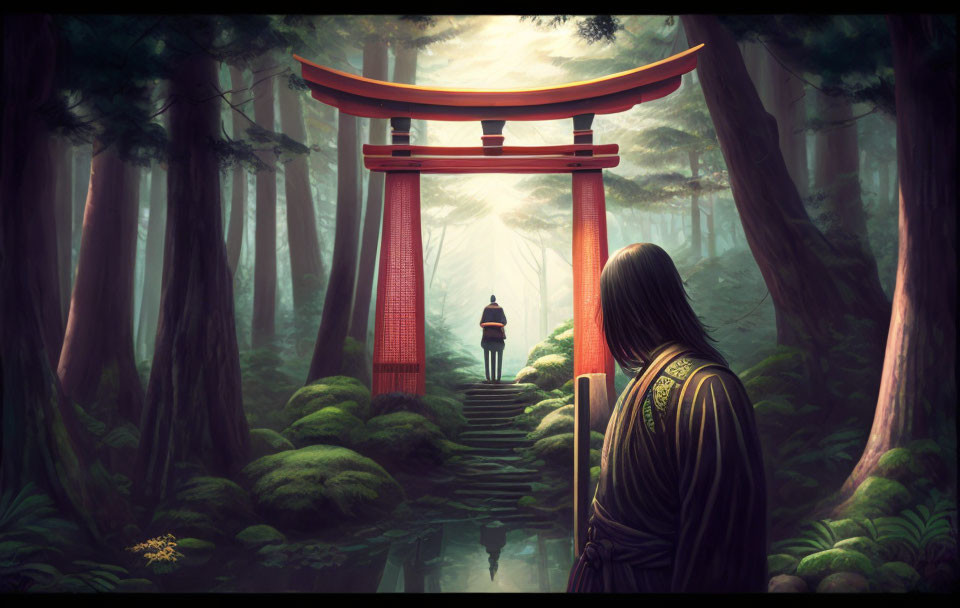 Samurai in misty forest watches figure at red torii gate