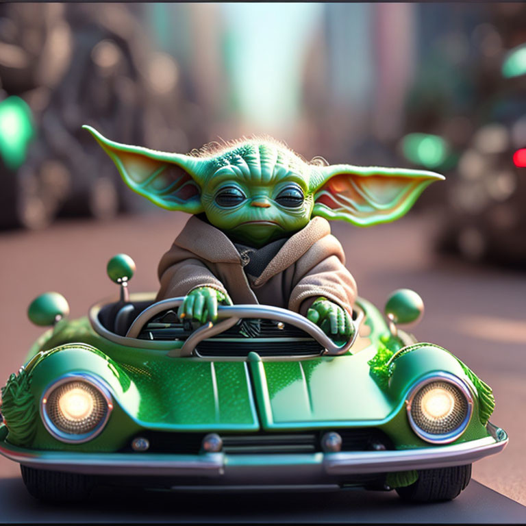 Digital illustration: Baby Yoda-like character in vintage car on street