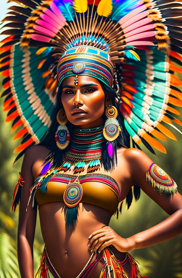 Indigenous woman in vibrant attire with feathered headdress poses sternly