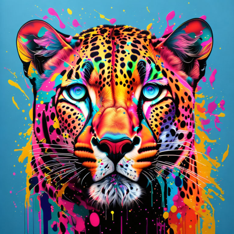 Colorful Jaguar Face with Neon Paint and Blue Eyes on Blue Background