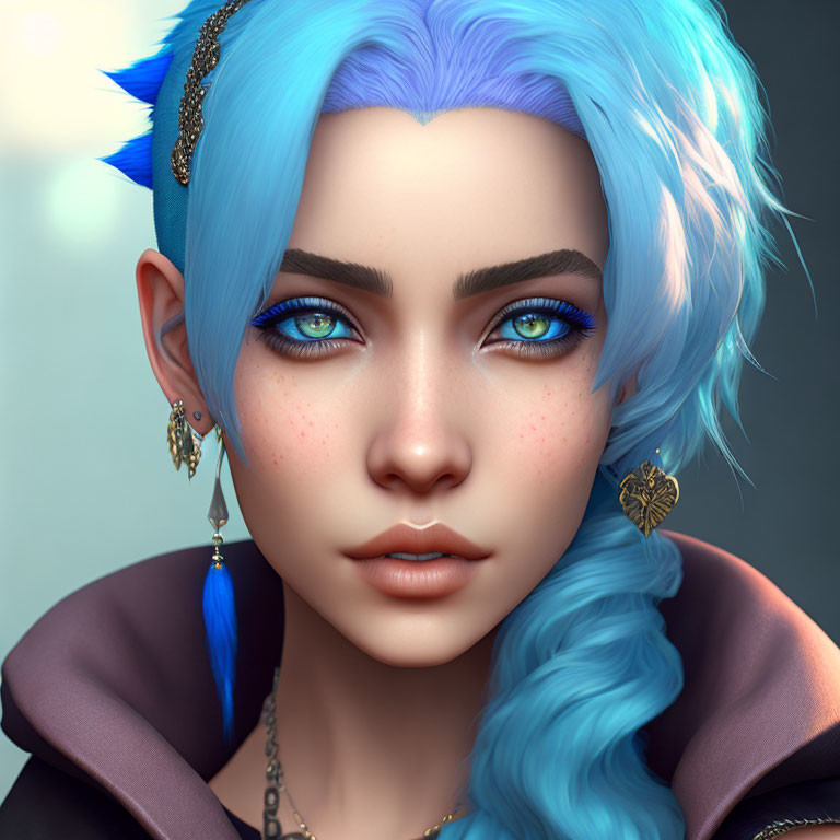 Vibrant digital portrait with blue hair, eyes, gold jewelry, and freckles