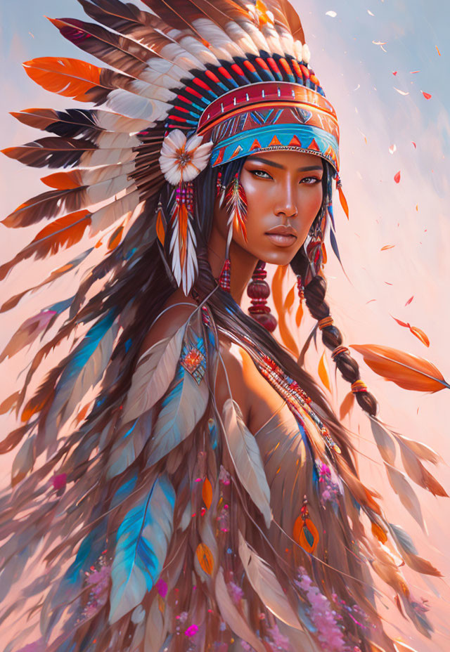 Person with Elaborate Feather Headdress in Native American Theme