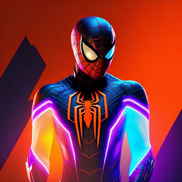 Spider-Man digital artwork with neon outlines on gradient background