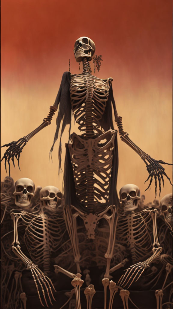 Elongated skeletal figure among smaller skeletons on reddish backdrop