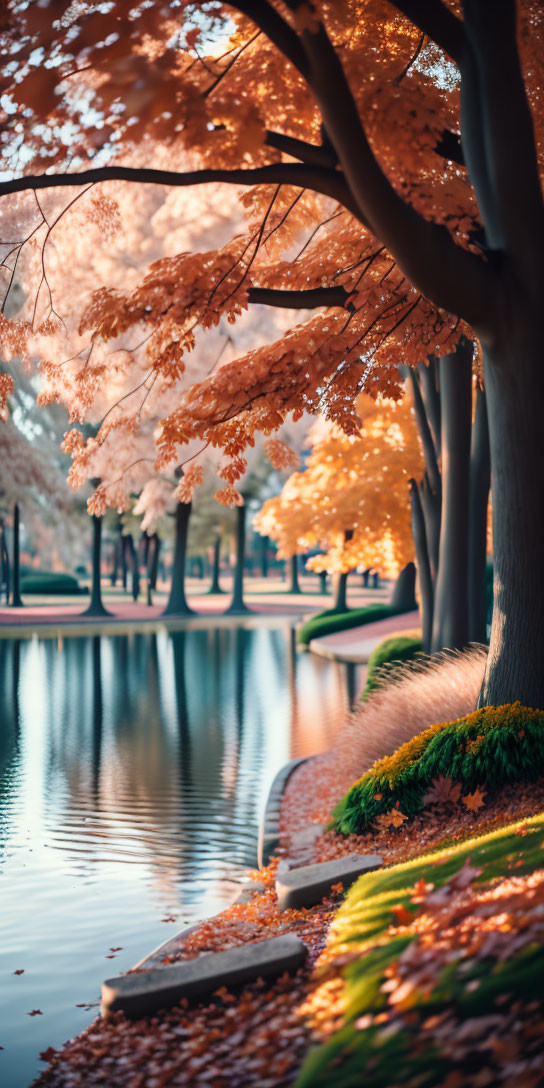 Golden-orange leaves on trees by calm lake in autumn sunlight