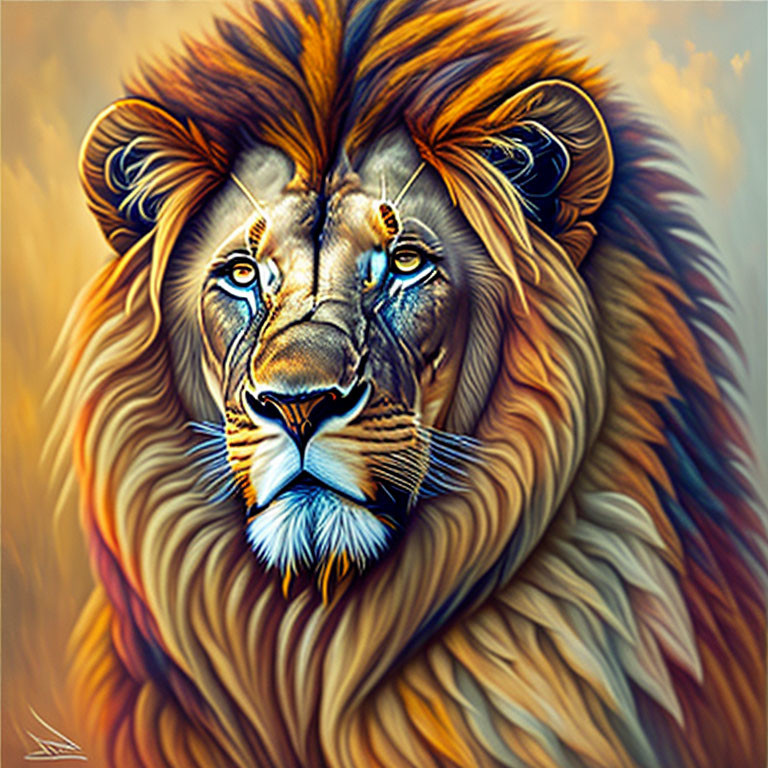 Colorful digital painting of a majestic lion with intricate details