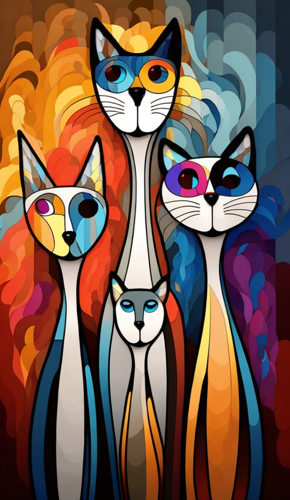 Colorful Stylized Cat Artwork with Long Necks and Expressive Eyes