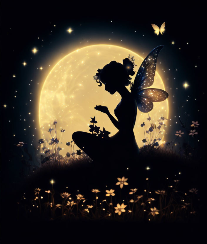 Fairy with Luminous Wings in Flower Field Under Full Moon