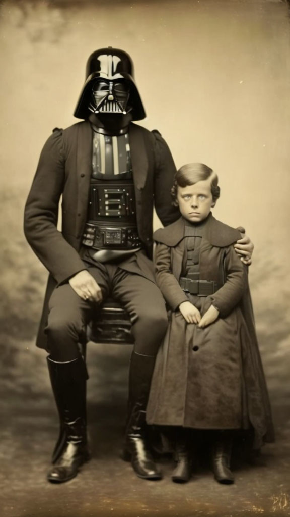 Vintage photograph: Darth Vader costume next to child in period clothing