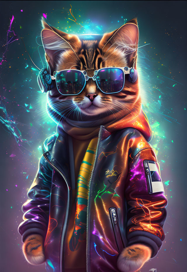 Cat in Sunglasses and Headphones with Shiny Jacket on Cosmic Background