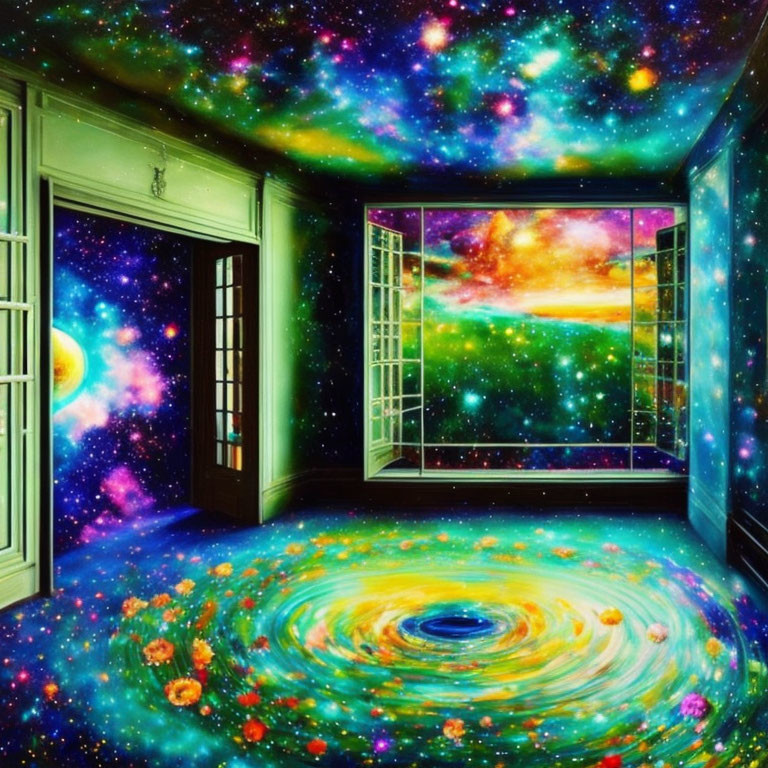 Cosmic-themed room with swirling galaxy floor and starry sky walls