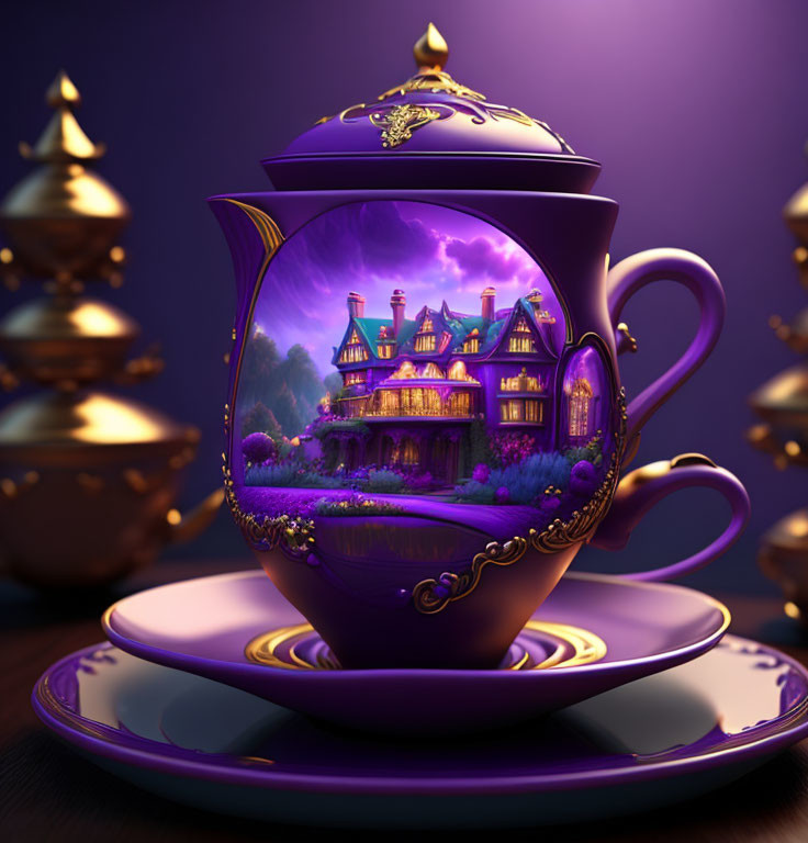 Whimsical purple teapot with golden accents and fantasy mansion on dark background