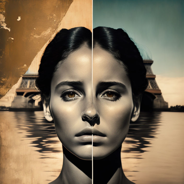 Symmetrical composite image blending woman's face and Eiffel Tower reflection on water