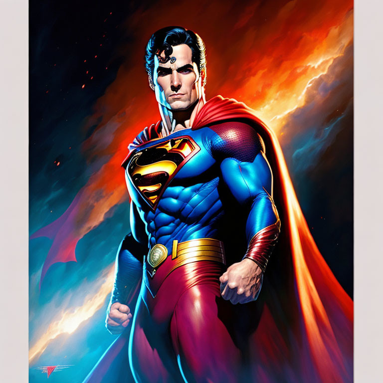 Superman illustration: determined expression, blue suit, red cape, fiery cosmic backdrop