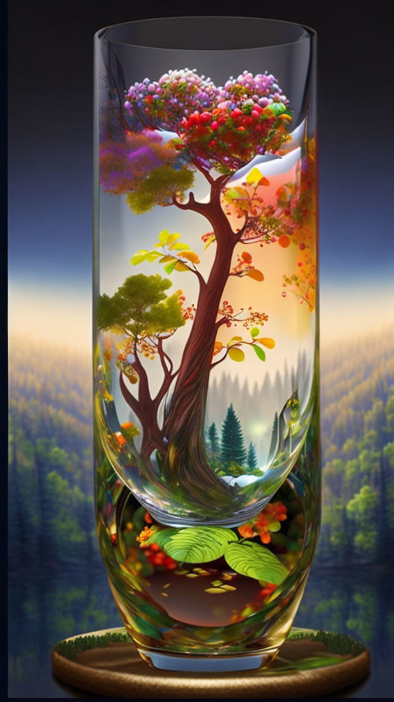 Colorful Tree Illustration in Translucent Glass with Forest Background