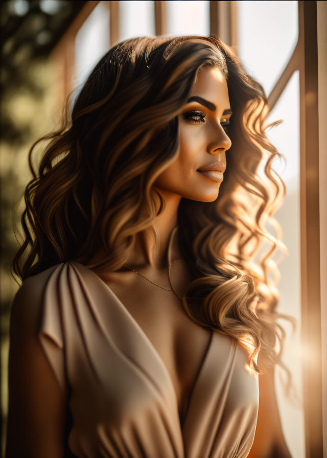 Woman with Voluminous Curls in Elegant Beige Dress by Window