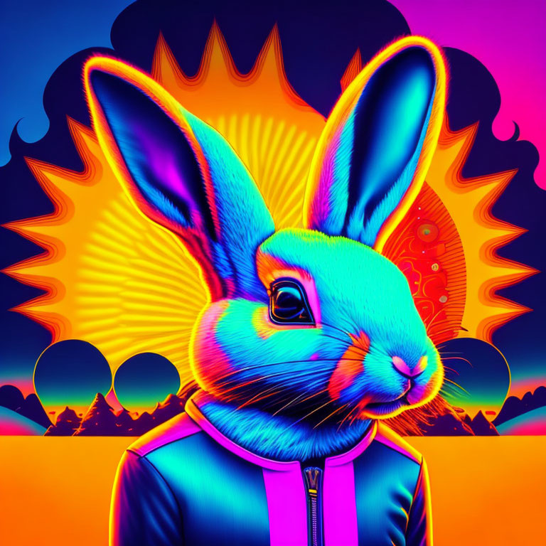 Colorful Psychedelic Rabbit Illustration with Zip-Up Jacket on Sunlit Palm Tree Background