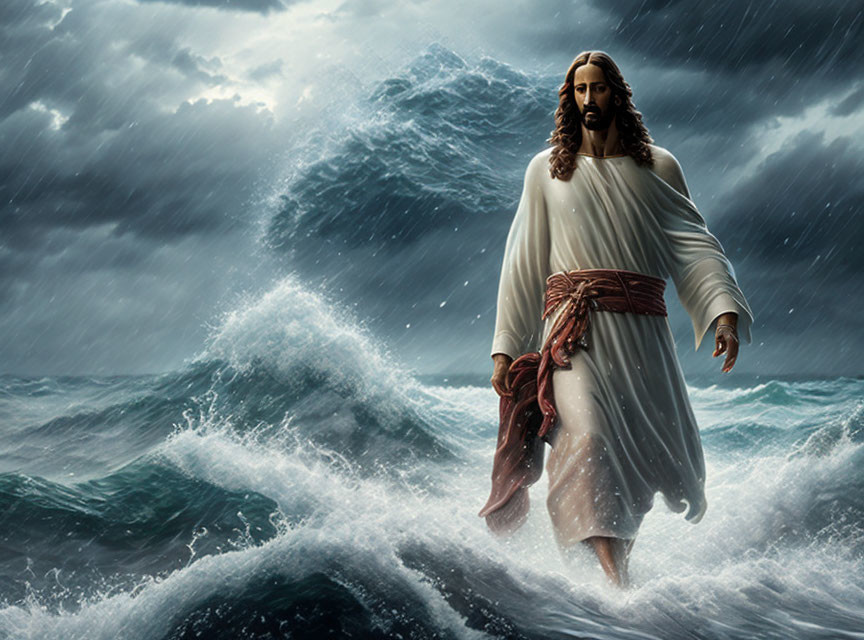 Serene figure in white robes with red sash on turbulent ocean waves