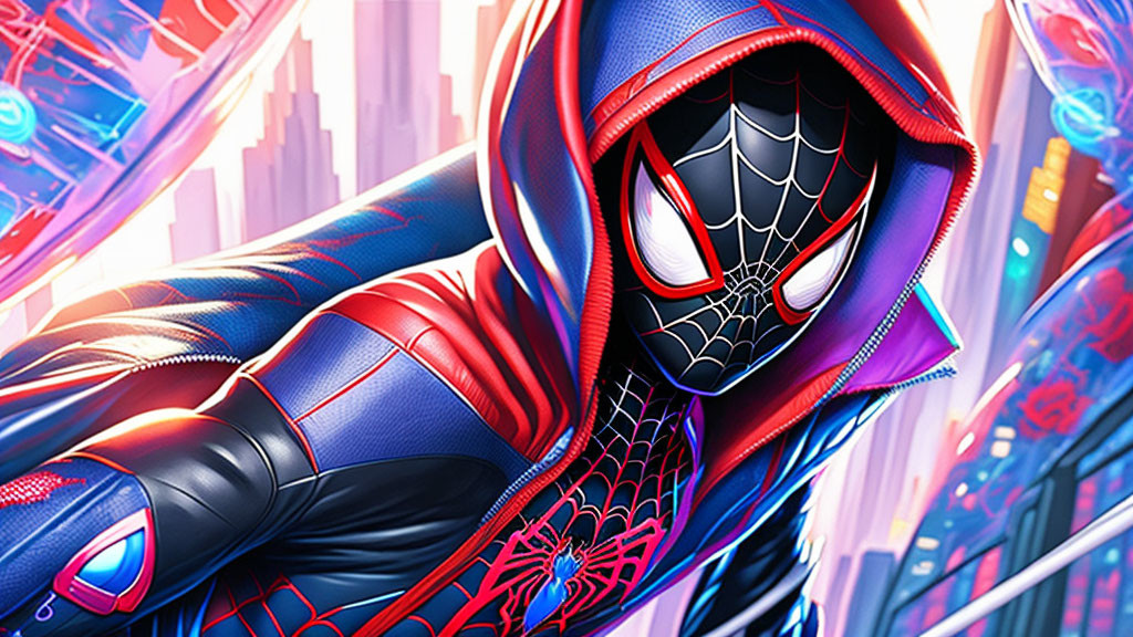 Colorful Spider-Man illustration in red and blue suit crouching against neon cityscape.