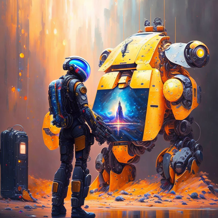 Astronaut in black suit and reflective helmet with yellow robot in glowing orange setting.