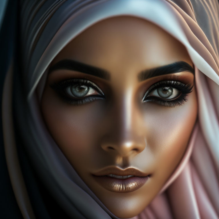 Detailed makeup on woman with striking eyes wearing hijab in close-up shot.