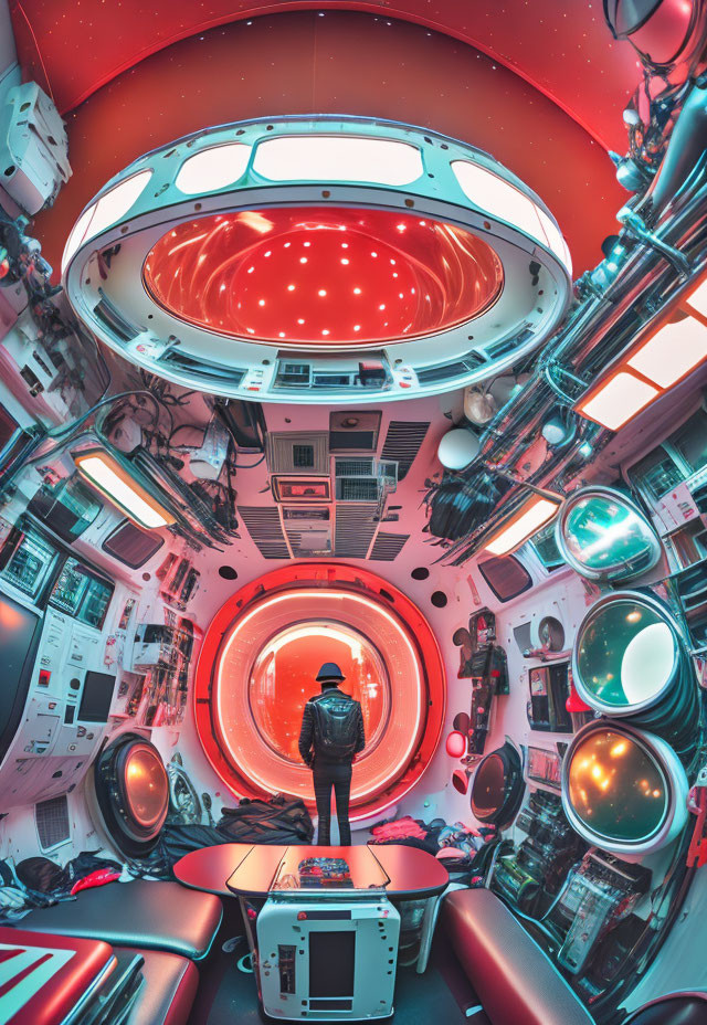 Futuristic red-illuminated circular room with high-tech equipment.