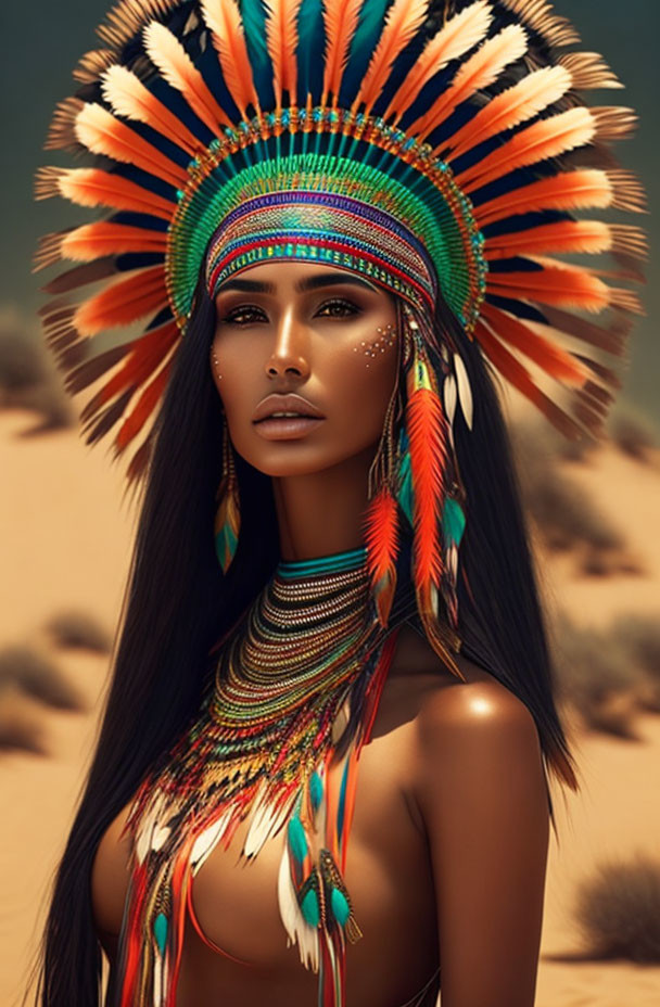 Woman with Long Hair in Colorful Feathered Headdress and Beaded Jewelry in Desert Portrait