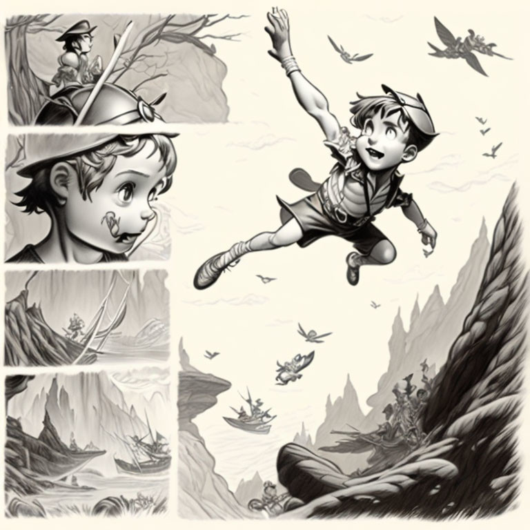 Monochrome illustration: Boy in cap flying over mountain landscape with birds