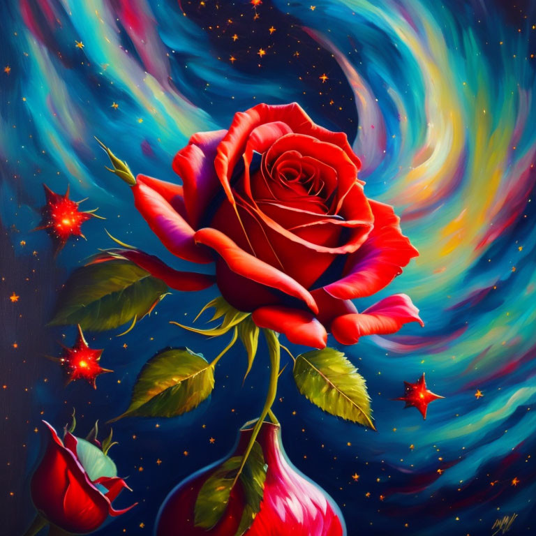 Vivid red rose painting with cosmic blues and purples background