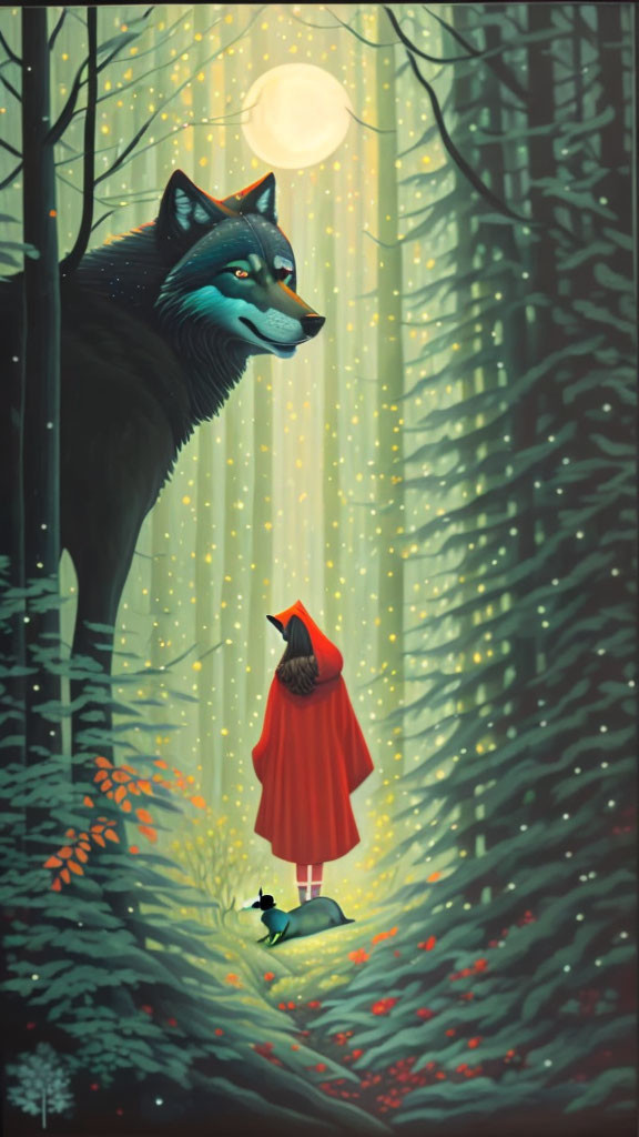 Illustration of Little Red Riding Hood with wolf in mystical forest