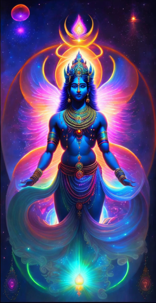 Blue-skinned cosmic being with multiple arms and glowing chakras and orbs.