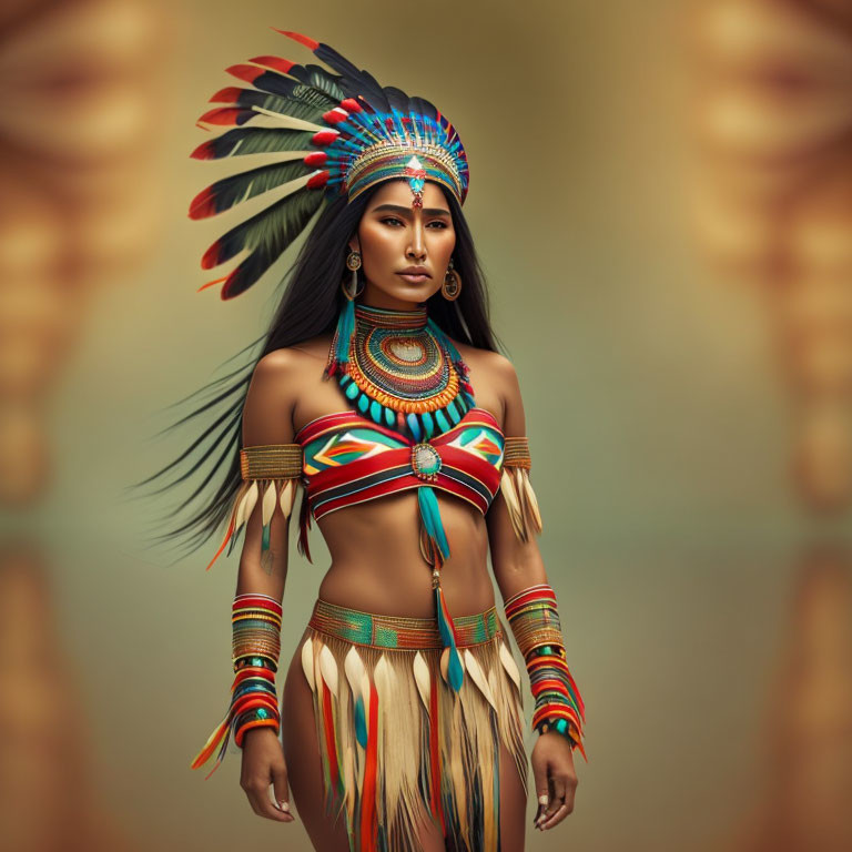 Traditional Native American Woman in Headdress and Beaded Jewelry